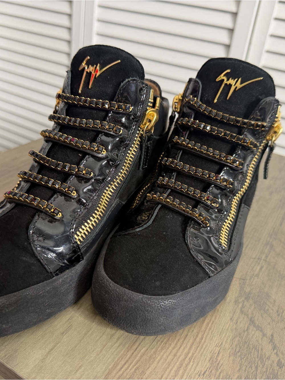 Giuseppe Zanotti Black & Gold Suede Patent Platform Sneakers